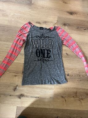Girls Grey 'Wild One' Long Sleeve Tee with Coral Striped Raglan Sleeves
